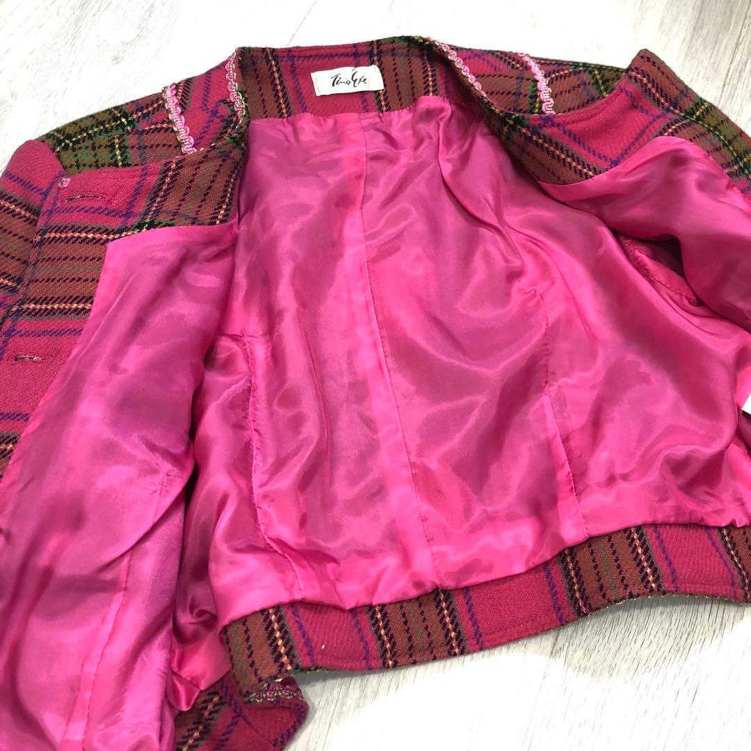 バブリースーツ セットアップ ピンク チェック 昭和レトロ 金ボタン