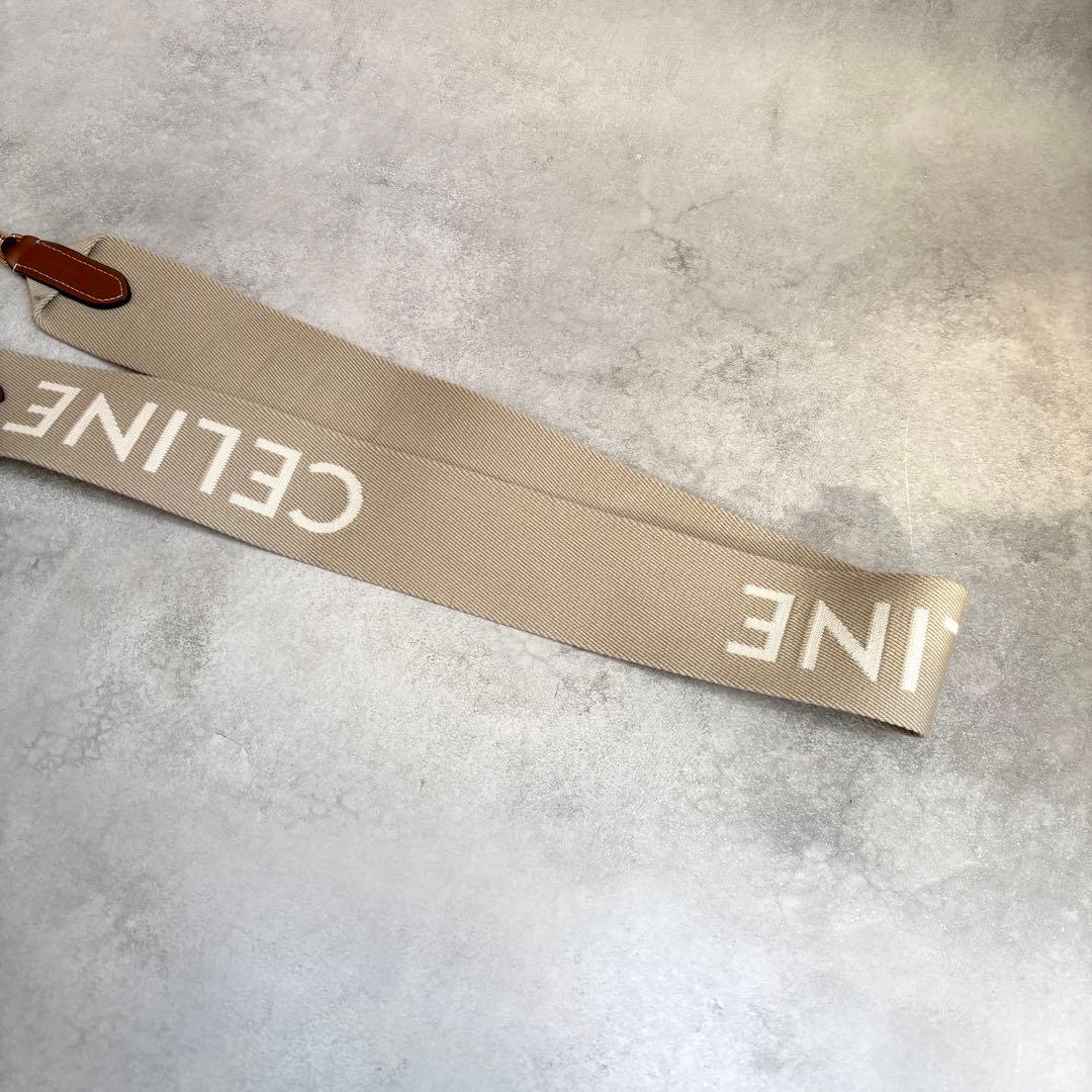未使用級 CELINE ロゴ ジャカード ロングストラップ ベージュ キャンバス