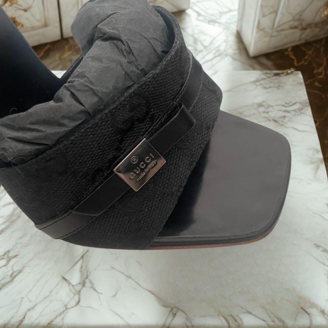 GUCCI サンダルGGキャンパス　ウッドリボンヒール　ブラック