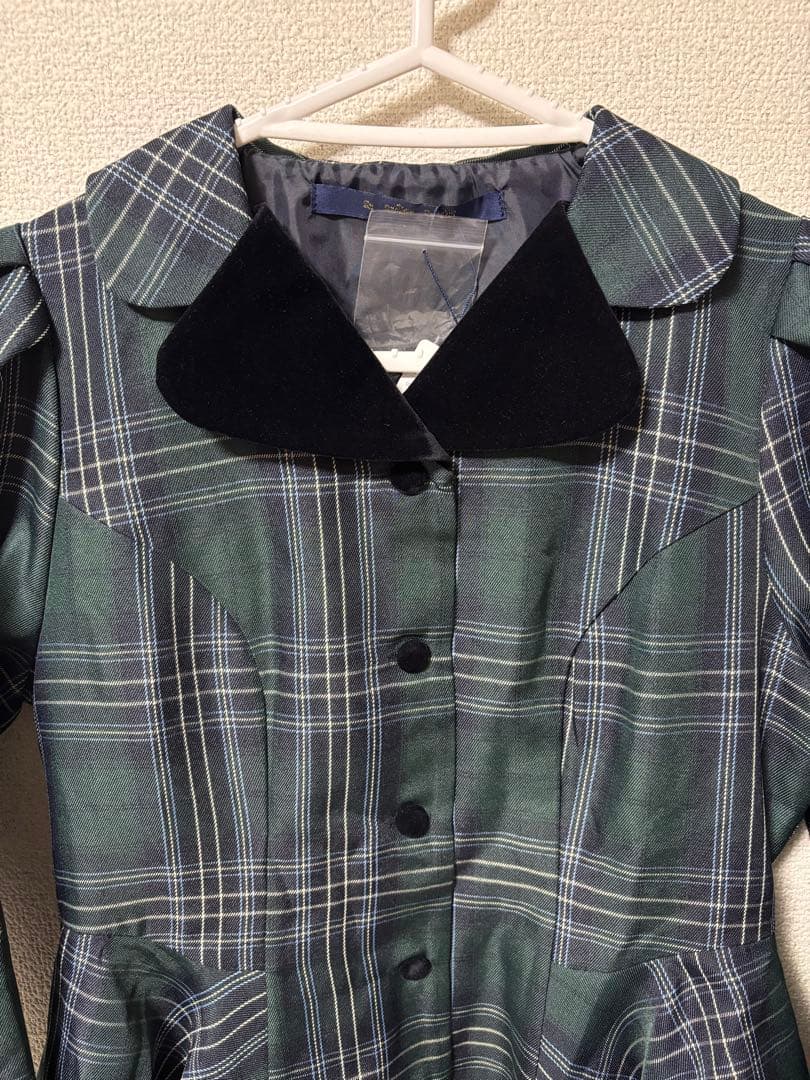 【新品】別珍ラペルペプラムチェックワンピース グリーン