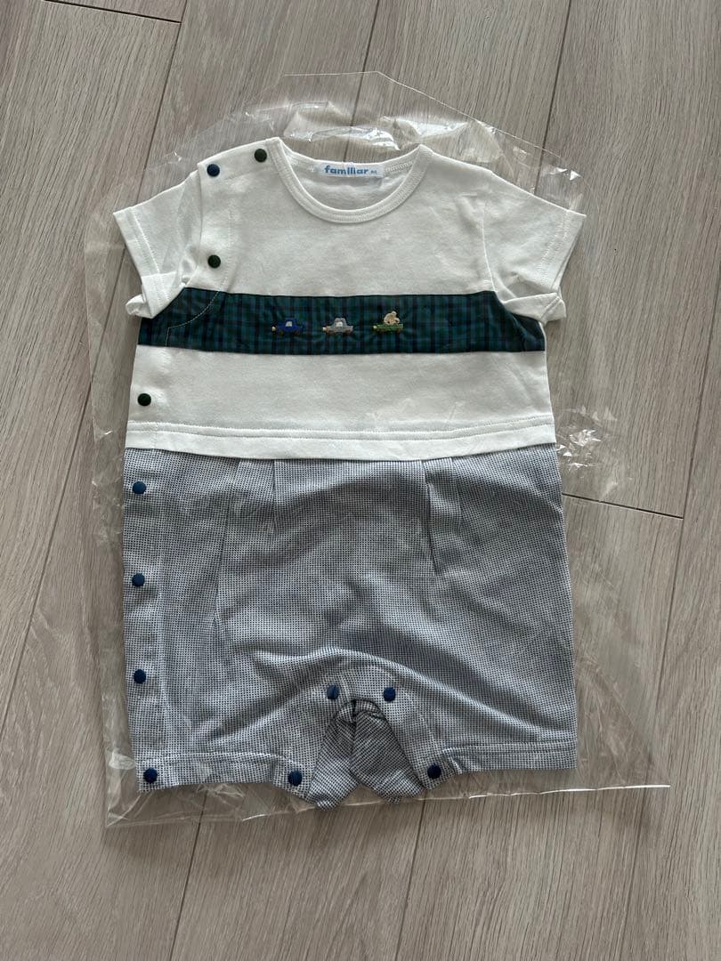 ファミリア　ロンパース　サイズ80 動物刺繍 半袖オールインワン グレー