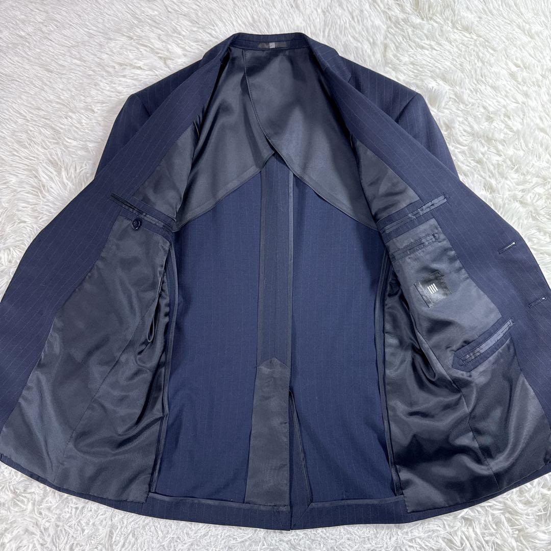 【美品】スーツセレクト スリーピーススーツ ストライプ A4 ネイビー スリム