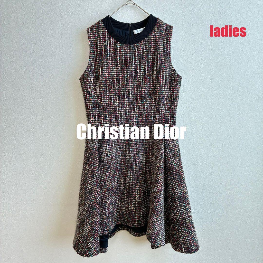 【クリスチャンディオール】ワンピース ノースリーブ ツイード ラメ マルチカラー