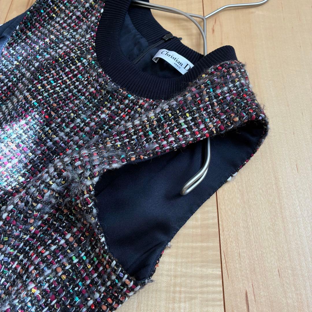 【クリスチャンディオール】ワンピース ノースリーブ ツイード ラメ マルチカラー