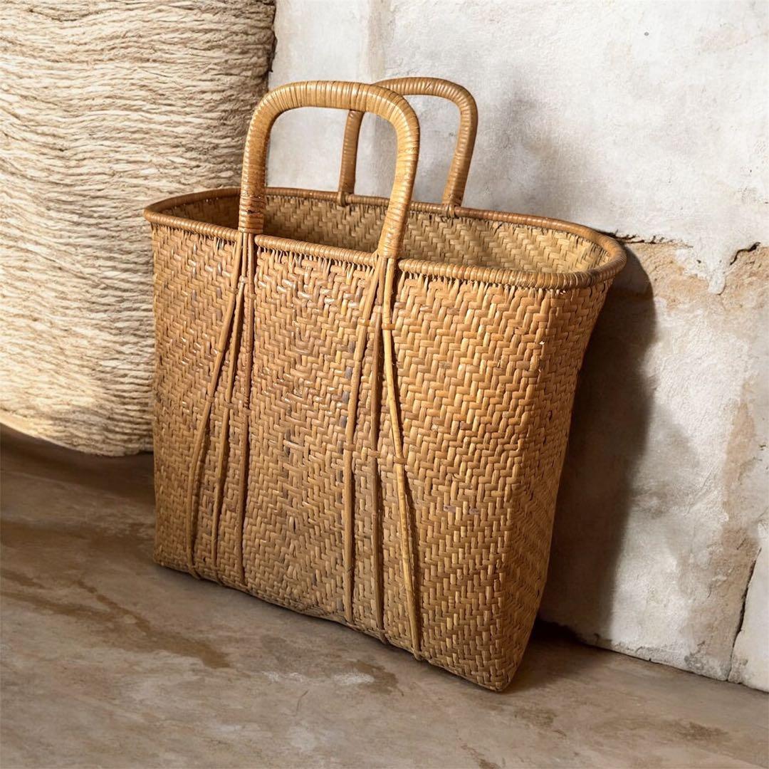 ヴィンテージ　天然素材 ハンドル付きバスケット 竹かごバッグ 竹籠バッグ