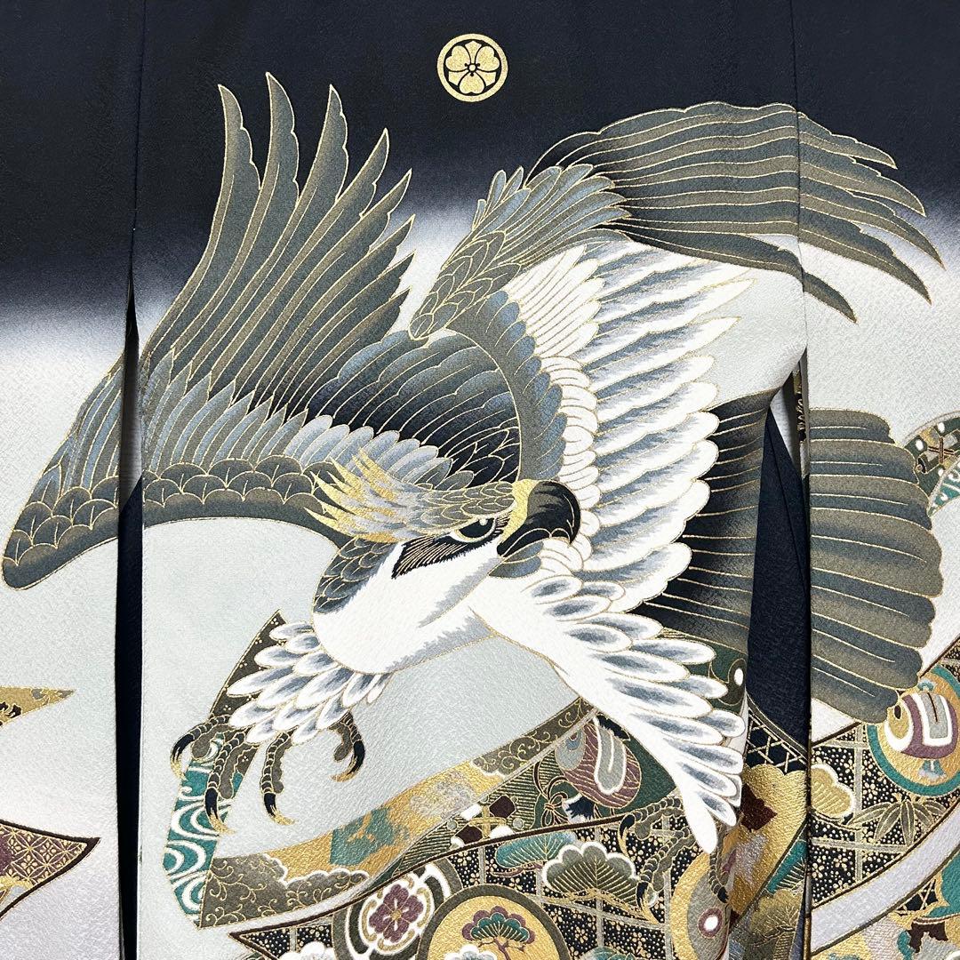 着物　お宮参り　産着　祝着　黒　鷹　吉祥柄　五つ紋　男の子　襦袢付き