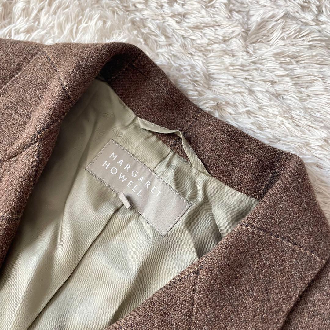 マーガレットハウエル 美品 ウールテーラードジャケット 3 茶色 チェック