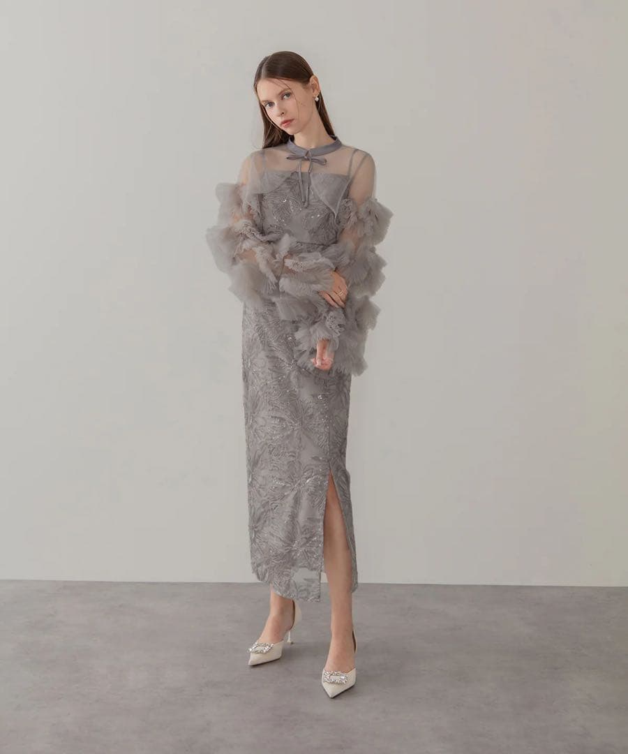 LEJA 新品タグ付きフリルチュールスリーブリボンIラインワンピースドレス