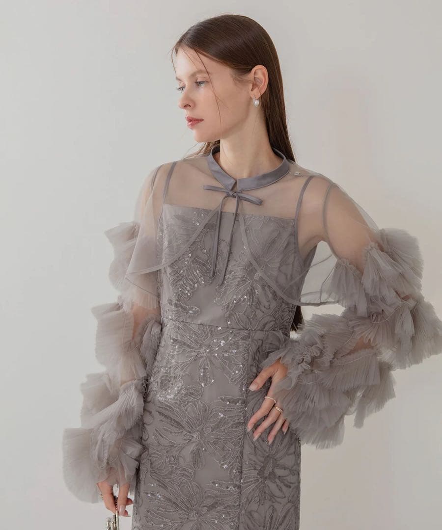 LEJA 新品タグ付きフリルチュールスリーブリボンIラインワンピースドレス