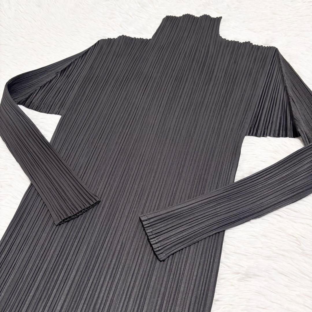 プリーツプリーズ　ロングワンピース　長袖　ハイネック　ダークグレー　サイズ2