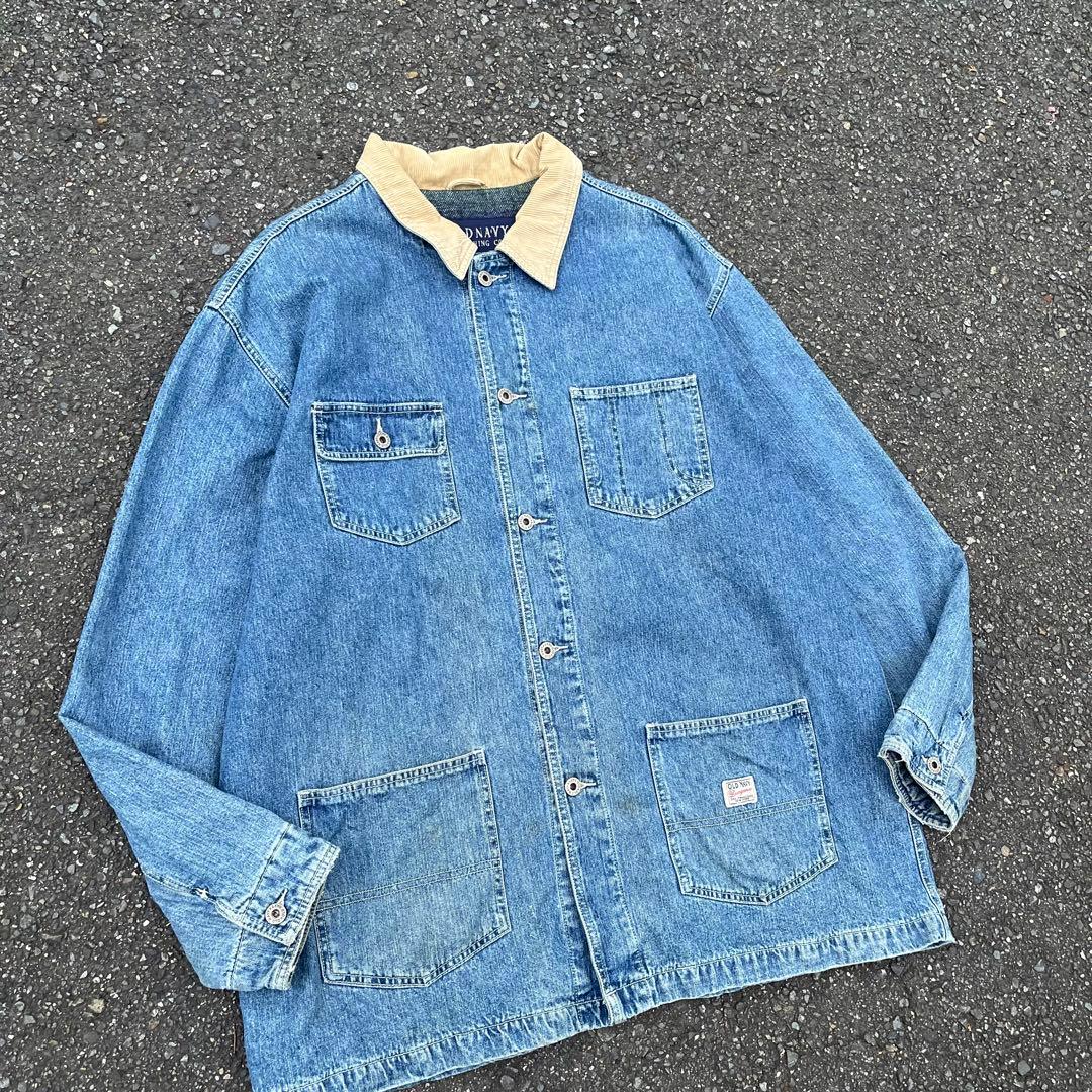 90s OLD NAVY デニムカバーオール 裏地ネル 襟コーデュロイ XL