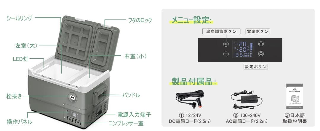 車載冷蔵庫 2室 31L 独立温度制御 ポータブル冷蔵庫 2フタ開き