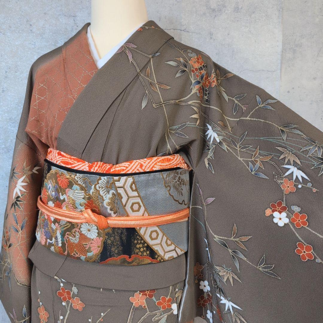 訪問着　フルセット　着物　正絹　ブラウン橙　金駒刺繍　花　O6