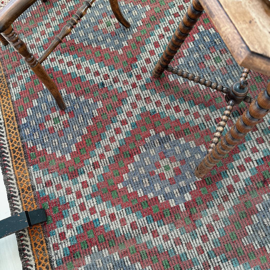 トルコ製ヴィンテージラグ940レア 大判 オールドキリム ジジム ブルー レッド