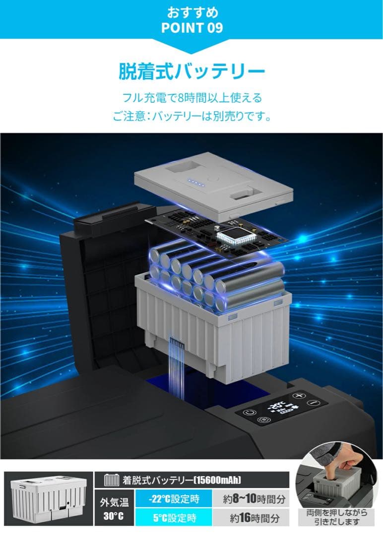 車載冷蔵庫 9L -20℃～10℃ 45W 12V/24V/バッテリー付きです