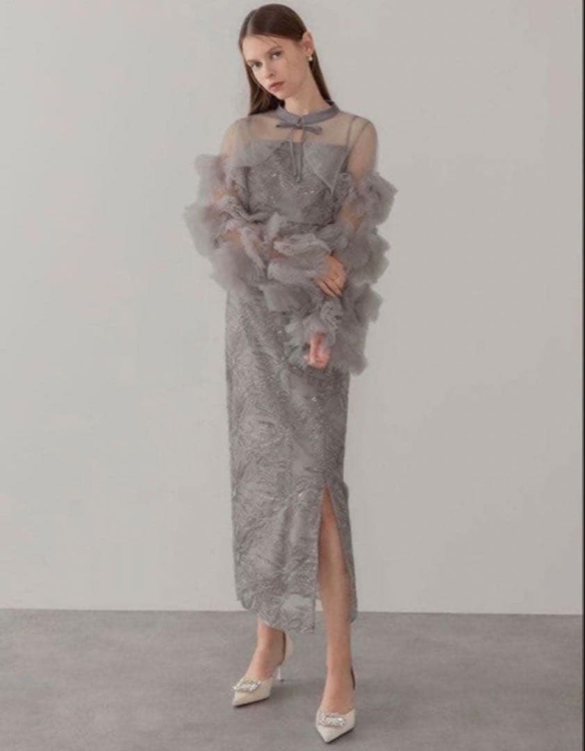 leja フリルチュールスリーブリボンIラインワンピースドレス　M