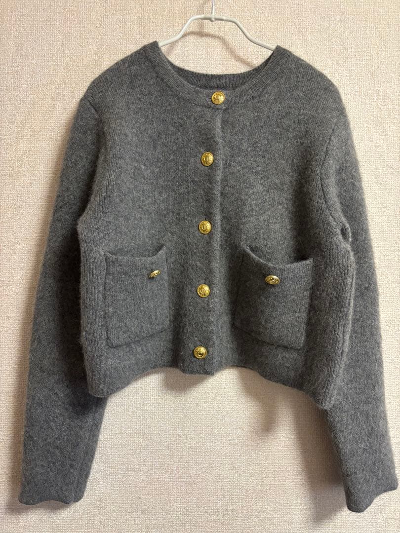 アニュアンス　グレー カシミヤブレンドノーカラーニットジャケット　anuans