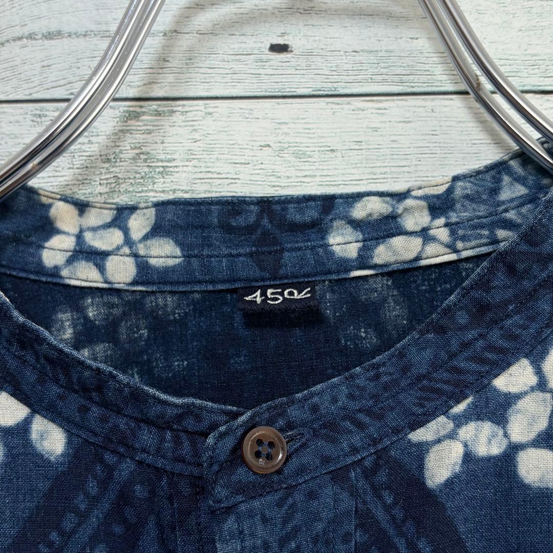 ☆美品☆45R 抜染プリントのビッグシャツドレス（インディゴ）　0サイズ