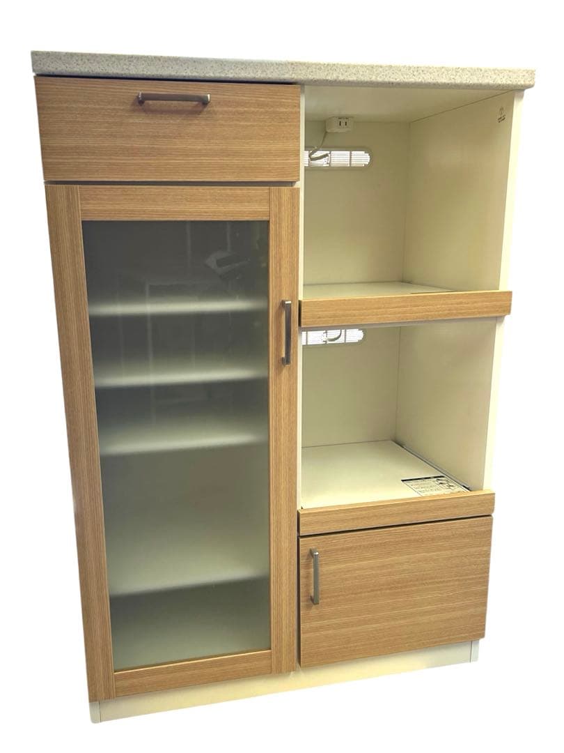 レンジボード コンセント付き モダンキッチン収納キャビネット ガラス扉付き 美品