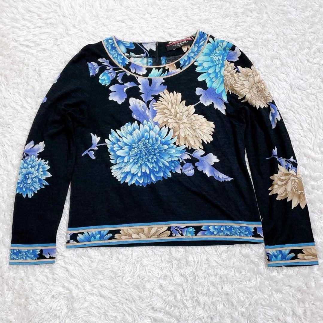 レオナール シルク混 長袖カットソー ブラック 花柄 トリム L