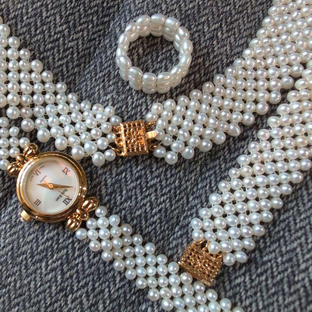 淡水真珠　ベビーパール　編み込み【ネックレス/時計/指輪/ブレスレット】セット