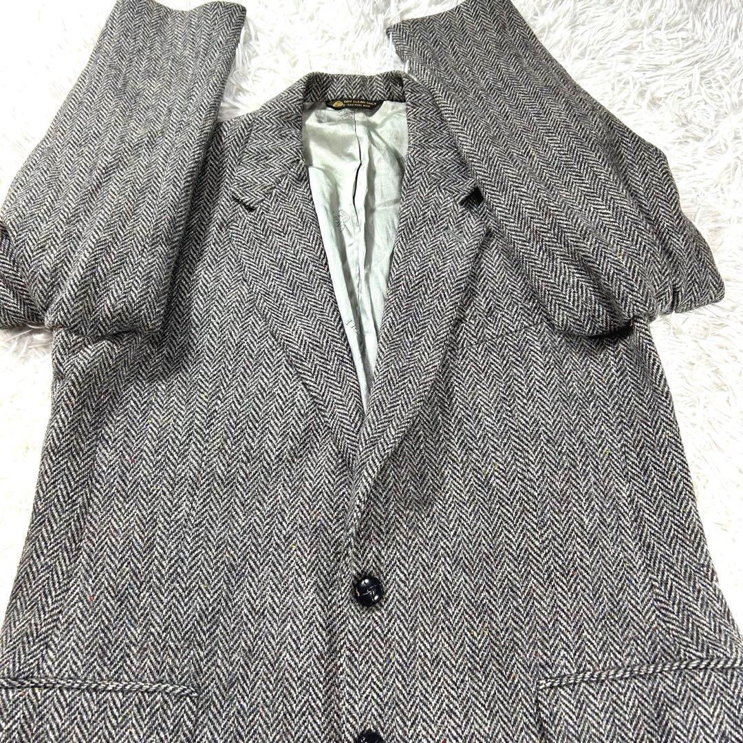 ハリスツイード✨ジャケット　L グレー　ヘリンボーン　クルミボタン