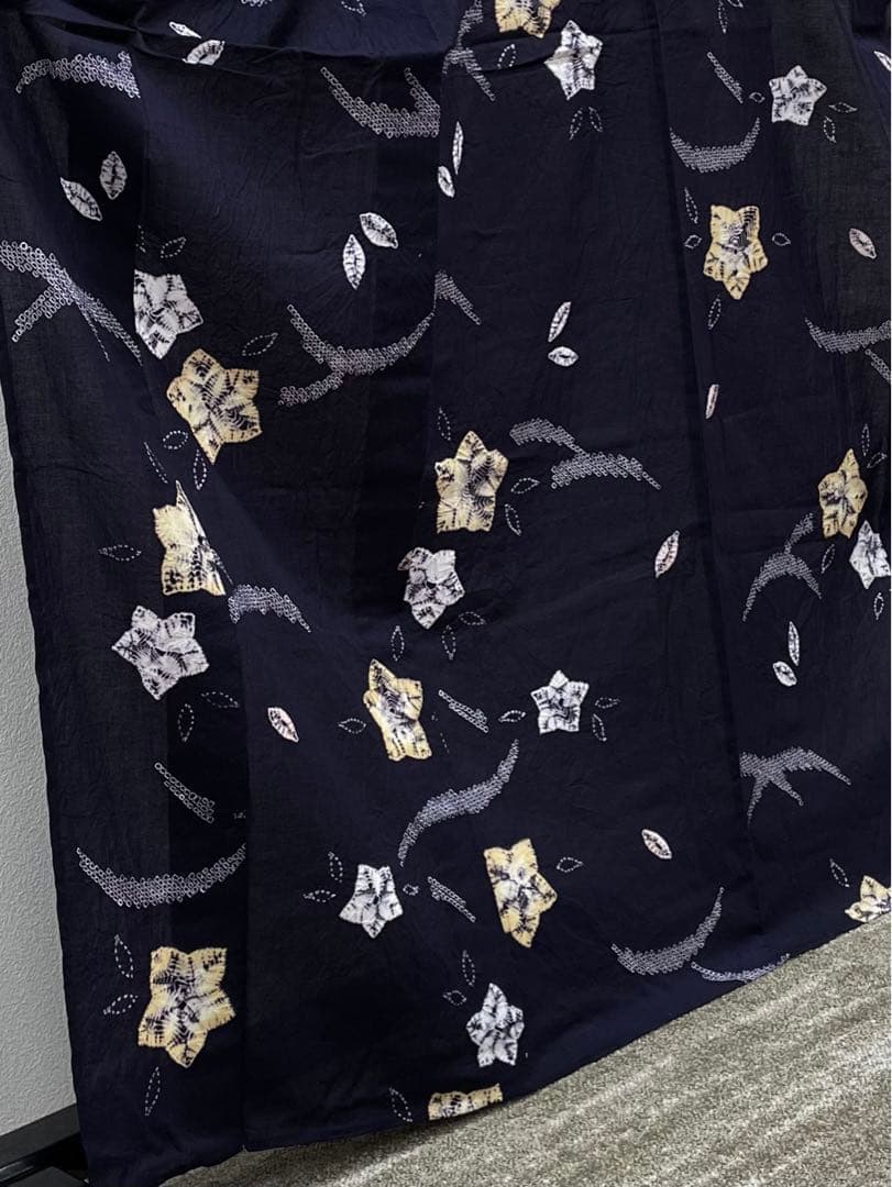 有松絞り 浴衣 夏物 桔梗文様 紺色系 綿100％ 躾糸付き NY029