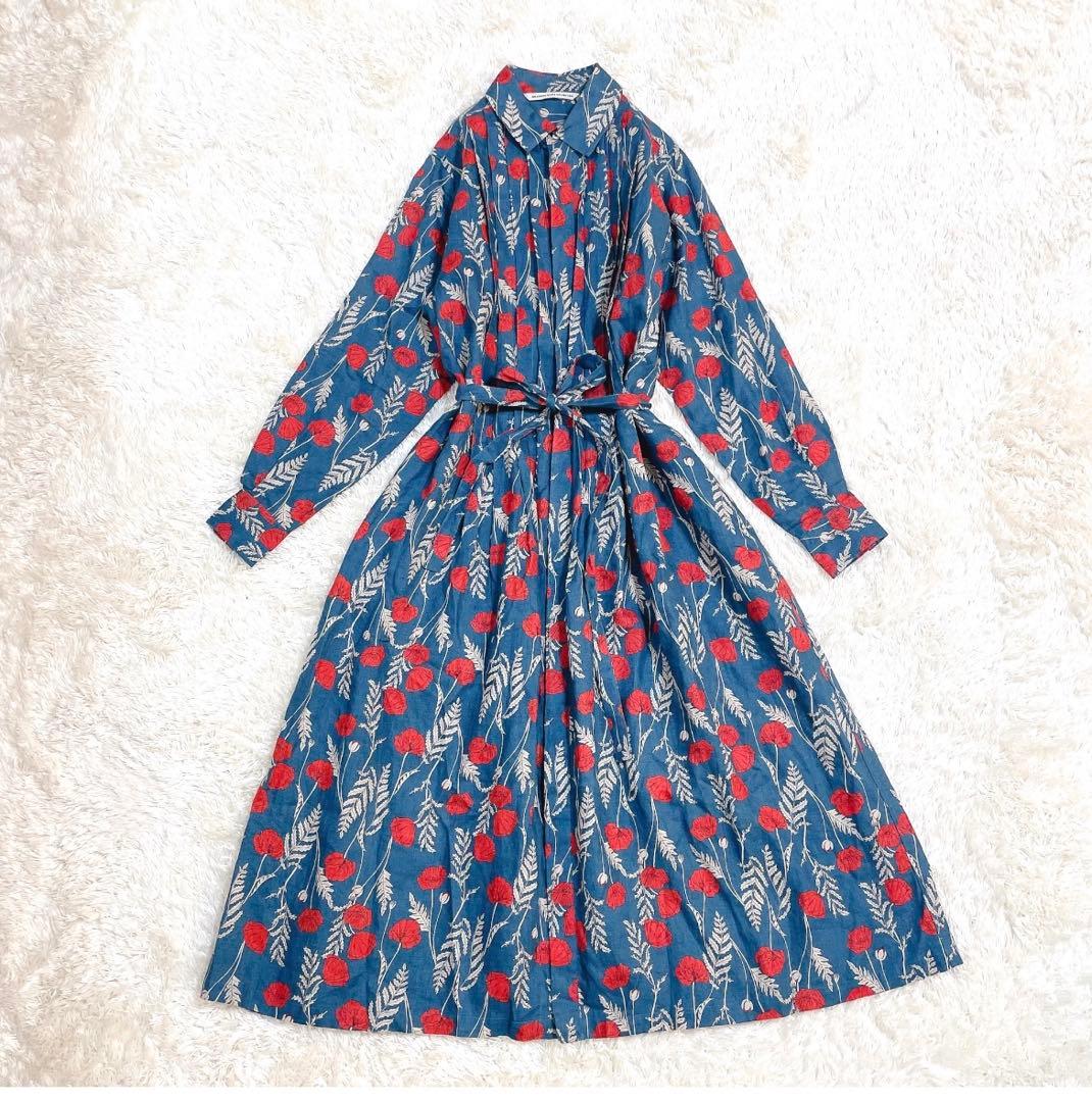 美品✨グランマママドーター 花柄 シャツワンピース リネン ベルト ロング