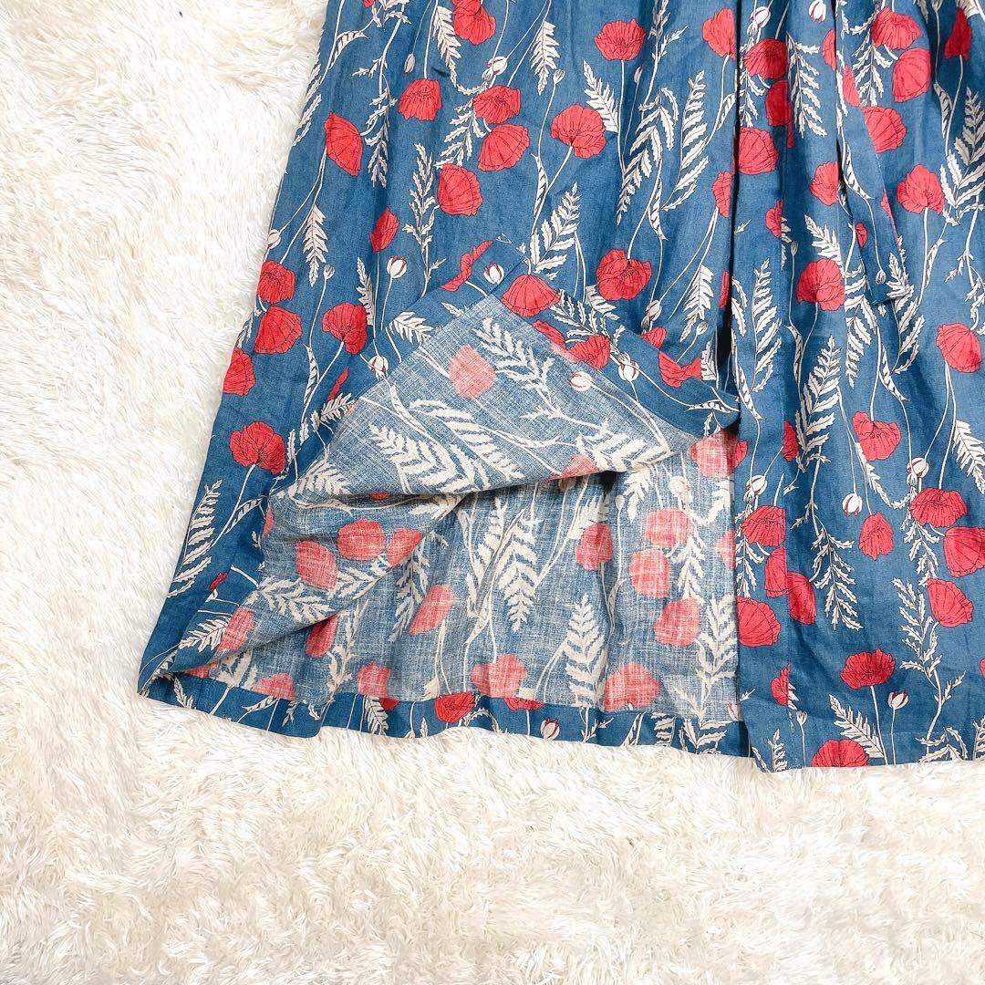 美品✨グランマママドーター 花柄 シャツワンピース リネン ベルト ロング