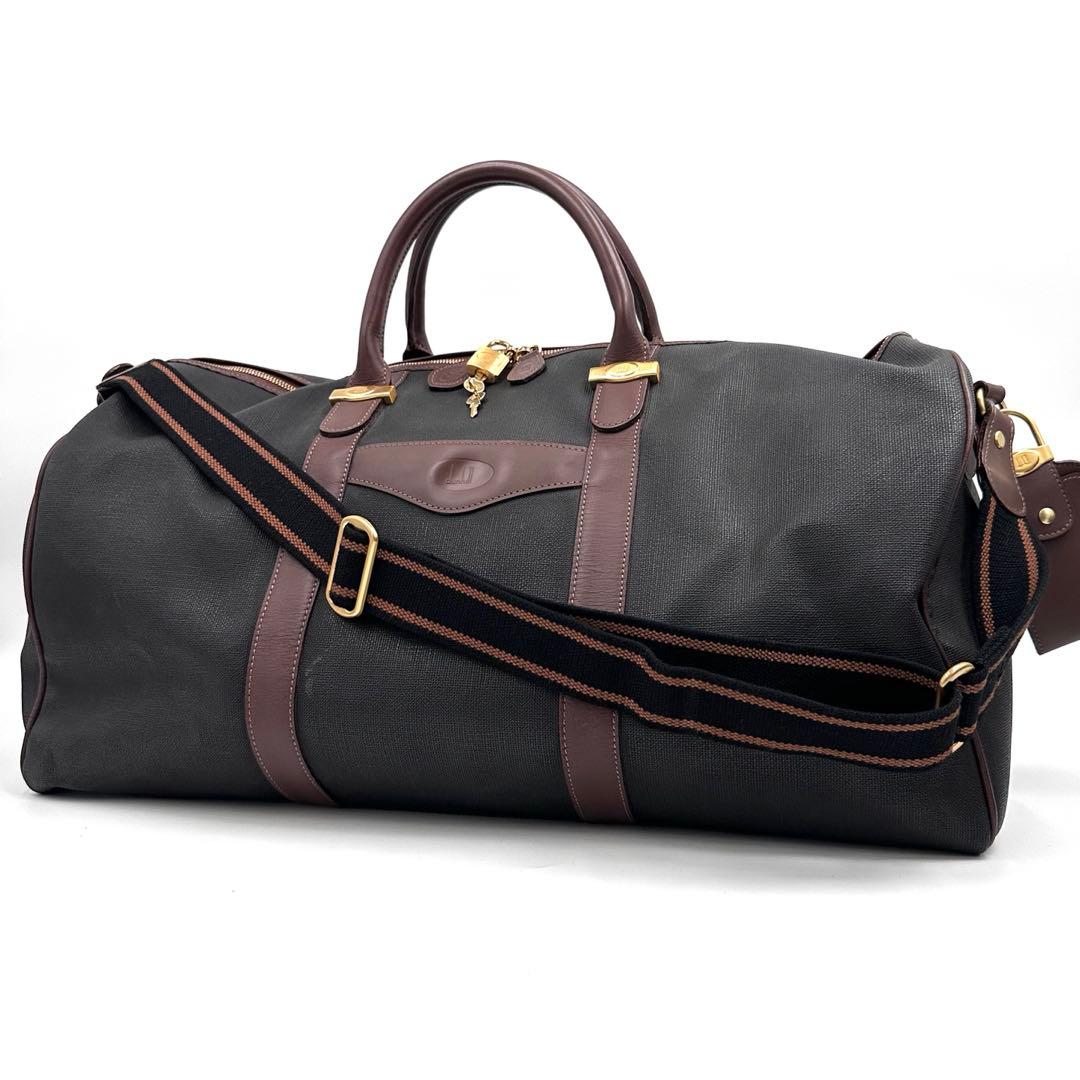 ダンヒル ボストンバッグ 2way 大容量 内側チェック レザー ブラウン