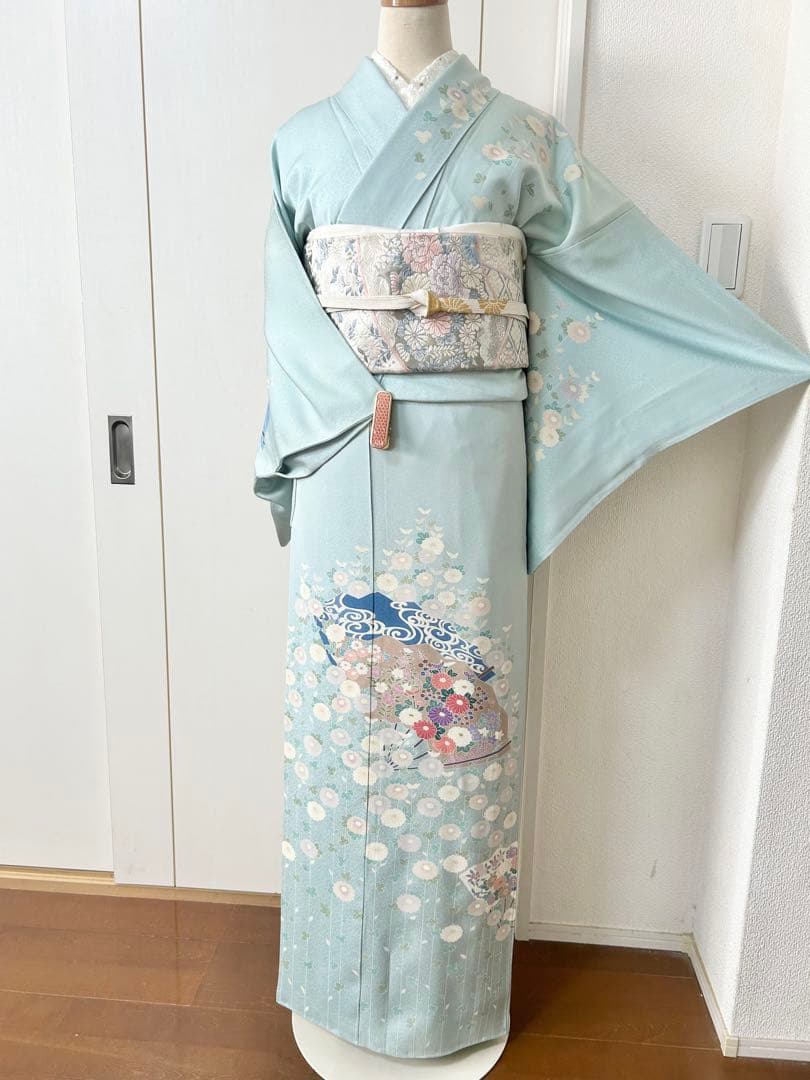 美品　人気の水色　正絹訪問着　フルセット4点　卒業式　入学式　七五三　お宮参り