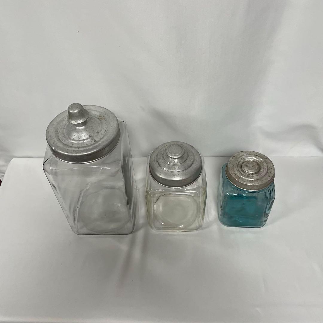昭和レトロ ブリキ製蓋付きガラス瓶 3個セット