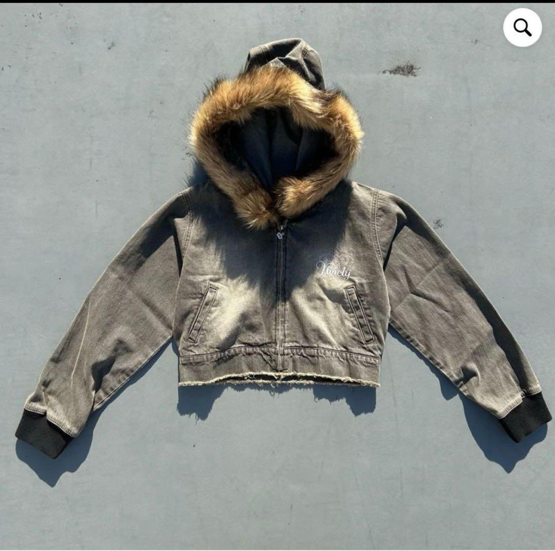 【9090girl 】ファーデニム フーディー ライトグレー M