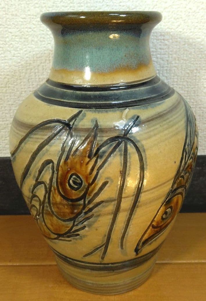 Kanegon 人間国宝 金城次郎 海老魚紋花瓶 栞 共箱 h20cm超