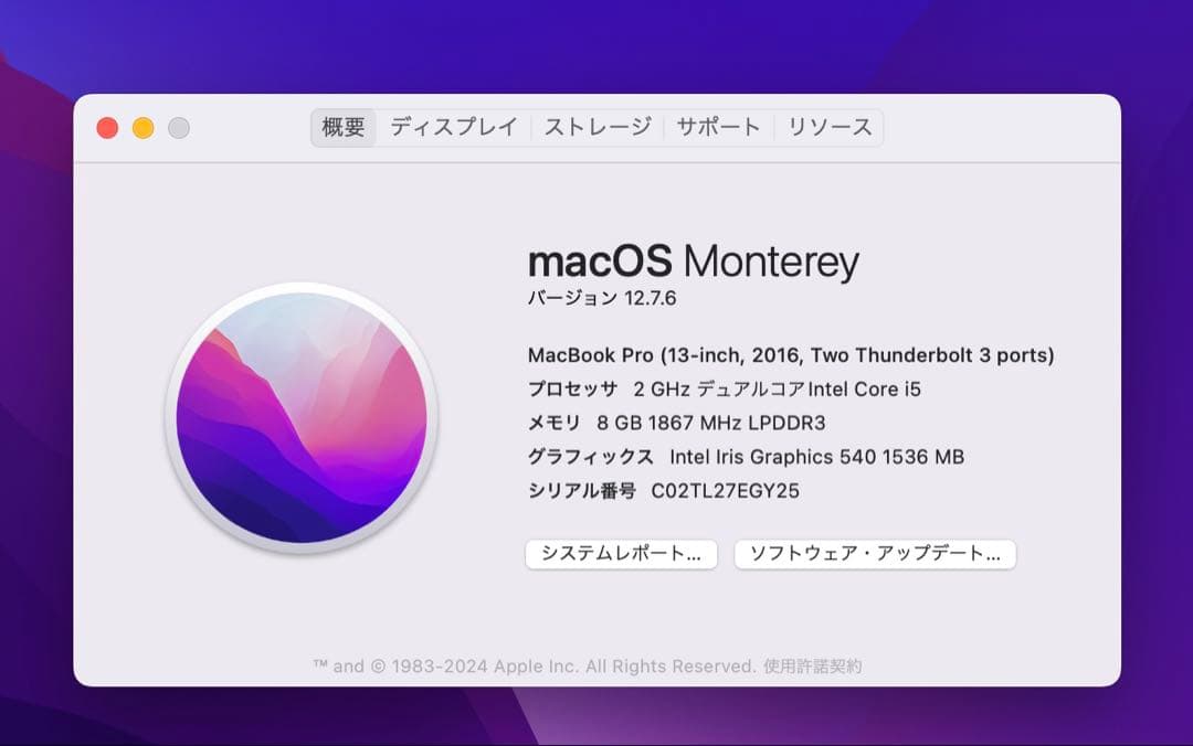 MacBook本体 Apple MacBook Pro 13 2016 i5/8GB/250Gb