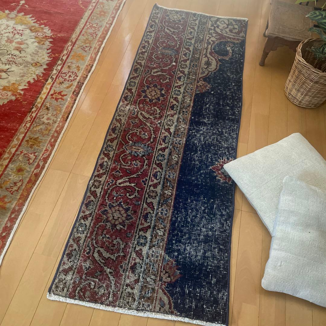 50×150 ロングランナーラグ　ネイビー×レッド　トルコヴィンテージラグ