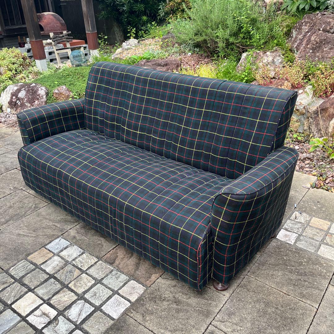 希少 昭和 タータンチェック柄 3人掛けソファ