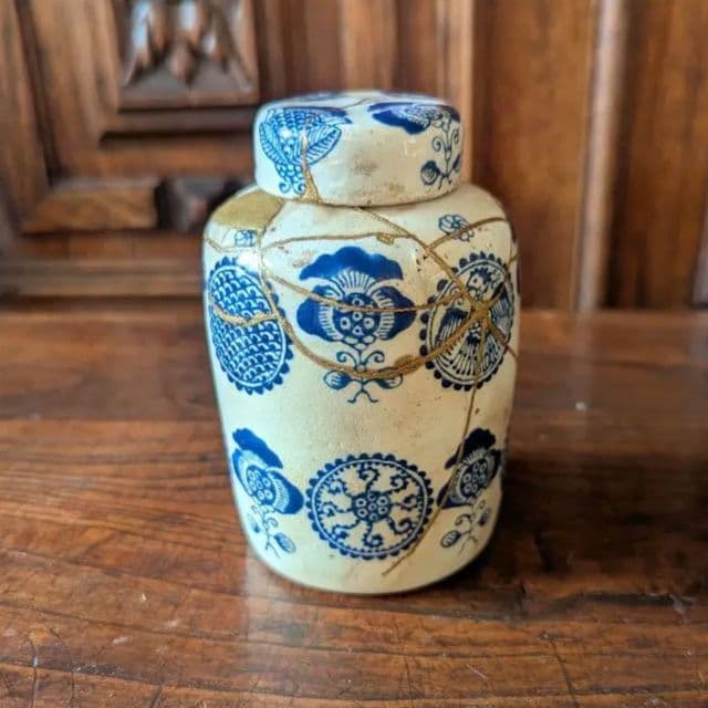 超希少 京阿蘭陀 茶筒 白釉藍彩 江戸時代後期