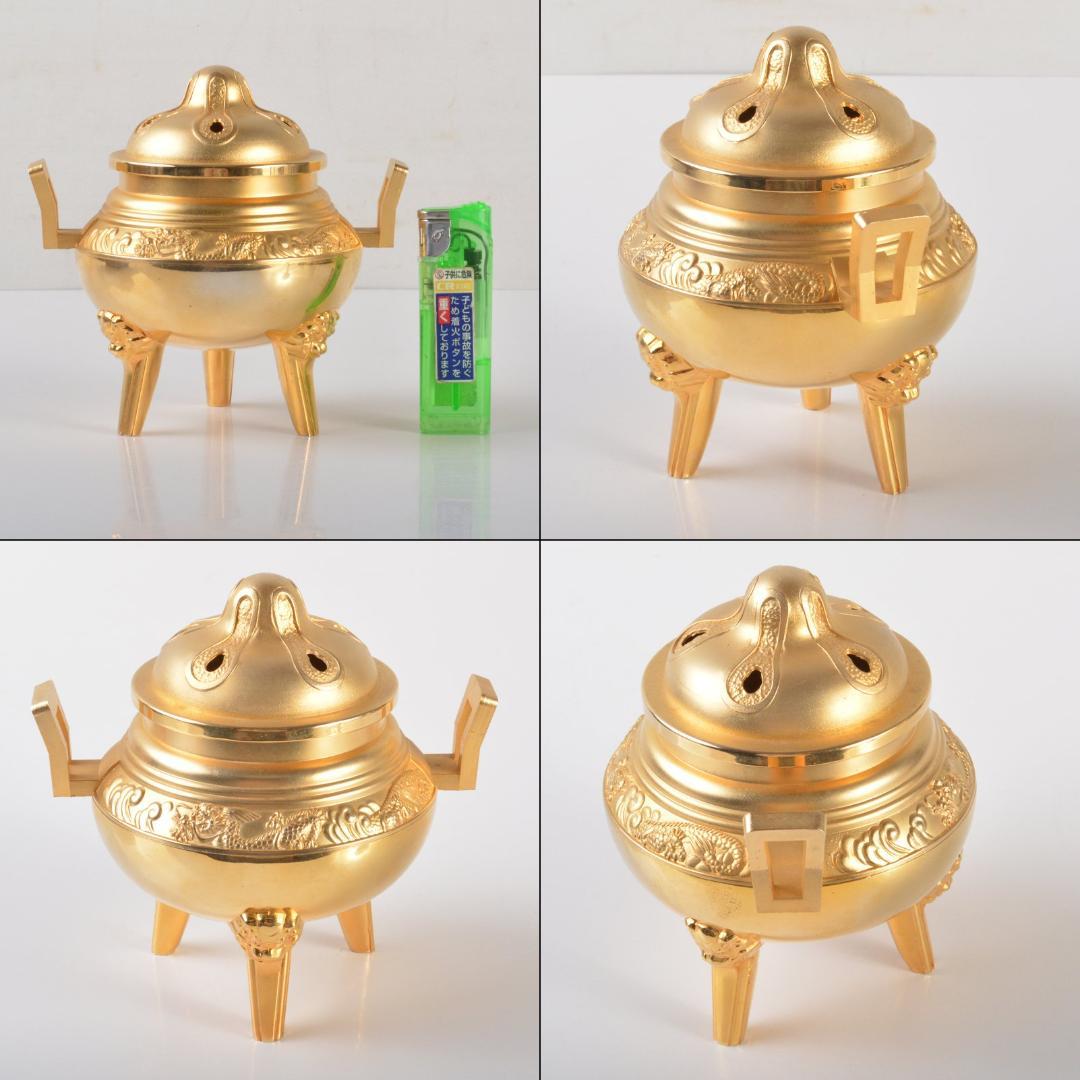 朧　香道具　銅製　雲龍文　黄金香炉　24KGP刻印　時代箱付　V　5804
