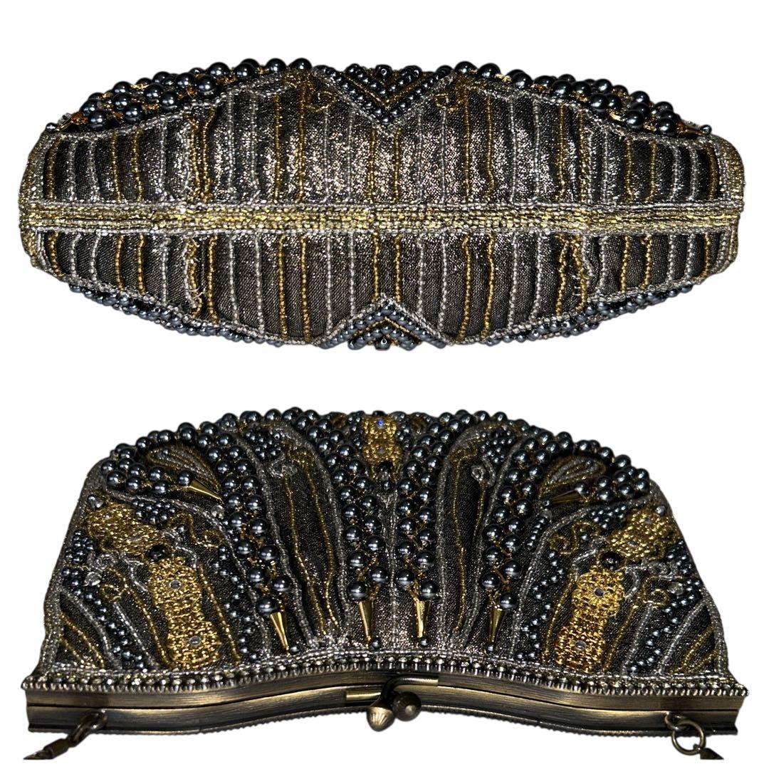 ビーズバッグ パーティバッグ がま口 チェーン ゴールド×ブラック 和装バッグ