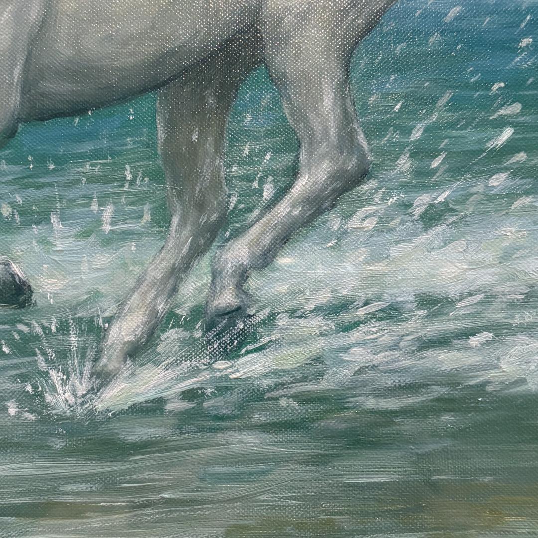 【箱付き・F6号】松岡克作 油絵「渚の白い馬」 海辺を駆ける白馬 額装