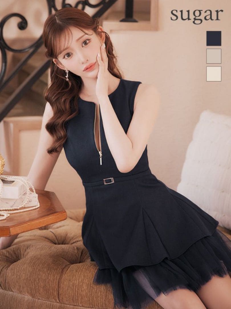 DEA robe de fleurs ネイビー フリルドレス ジッパー付き