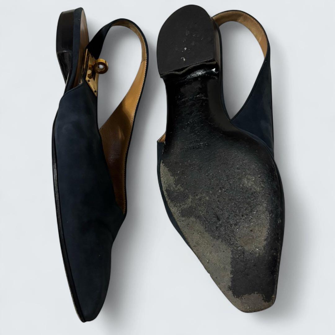 ケリー　HERMES ミュール　カデナ　フラットパンプス　24 濃紺　スエード