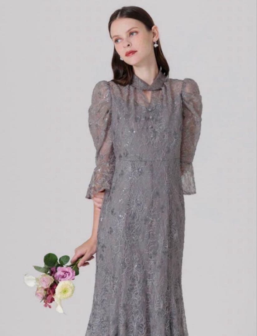 leja スパンコール花柄パフスリーブマーメイドワンピースドレス　結婚式