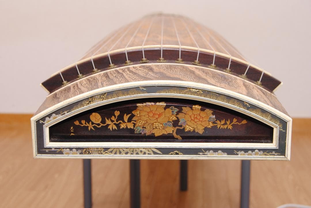 琴 くり甲 綾杉彫 箏 和楽器 刳甲 金 蒔絵 光山 花押