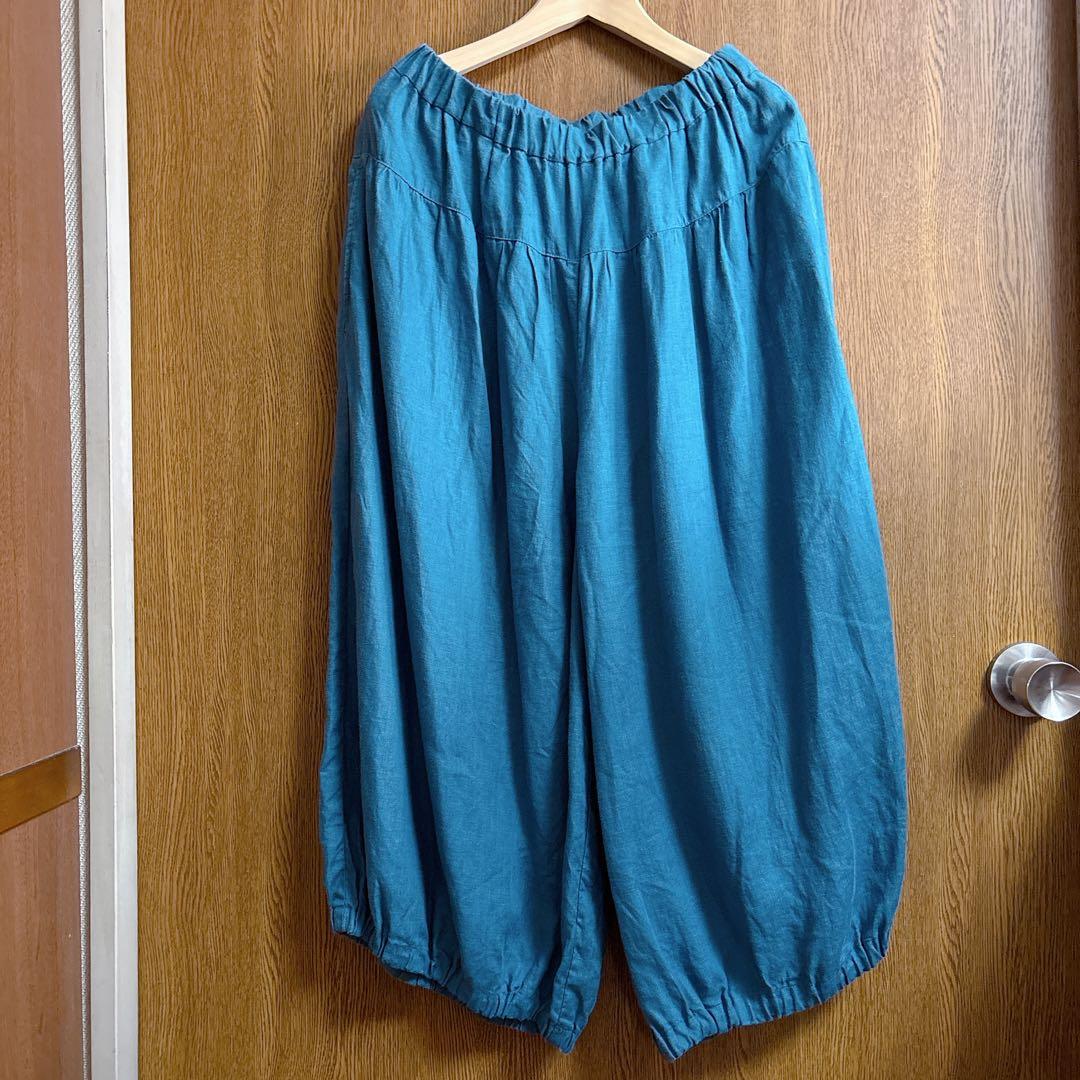 最終値下げ石見銀山群言堂グンゲンドウ リネンパンツ林檎 麻100%七分丈 ブルー