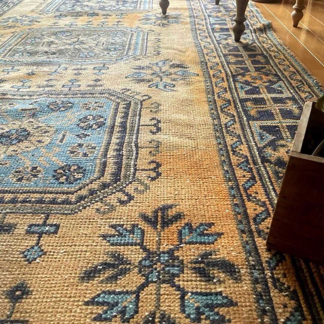 超特大140×366 くすみイエローベージュ　ボタニカル　トルコヴィンテージラグ