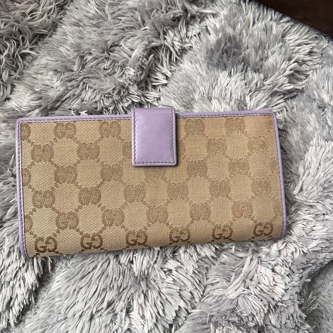 GUCCI✨GGキャンバス ライトパープル　長財布　ロゴプレート　Wホック