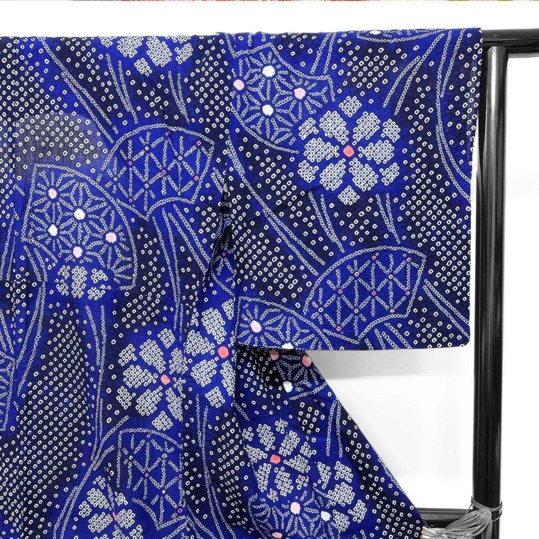 浴衣　有松鳴海絞り　扇　麻の葉　絞り花　着物　054w p