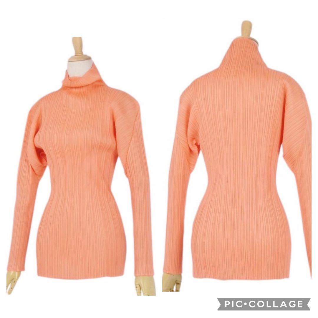 フリーサイズ　イッセイミヤケ　ハイネックトップス　プリーツプリーズ　ピーチ